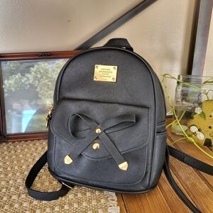 Jet Black Mini Backpack With Bow & Gold Details | Little Girls Purse